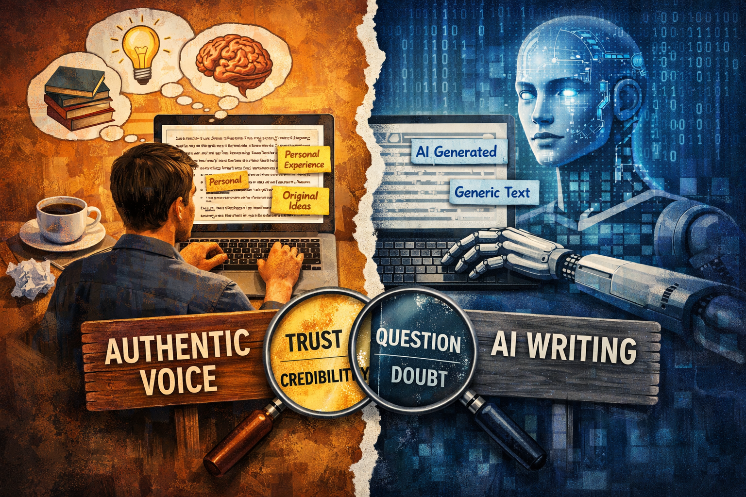 comparison of authentic human writing and AI-generated text illustrating credibility differences