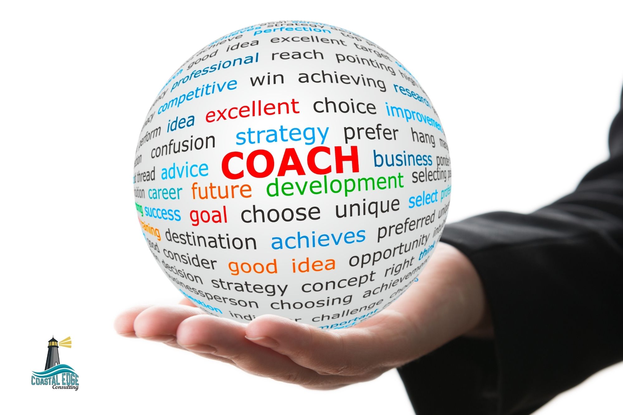 A man holding a large orb with words on it and the word coach is bolded