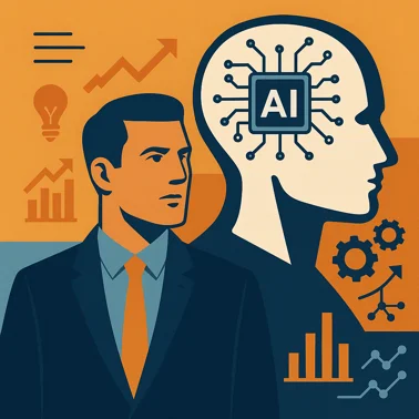 illlustrated business man looking in front of the head of an ai robot silhouette